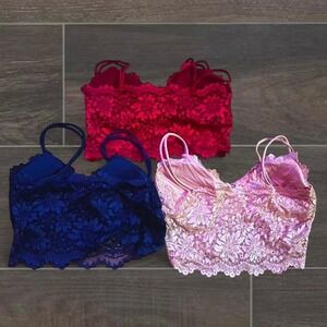 S-M 3 Pairs, Red, Blue and Tan colored laced tops and bralettes
